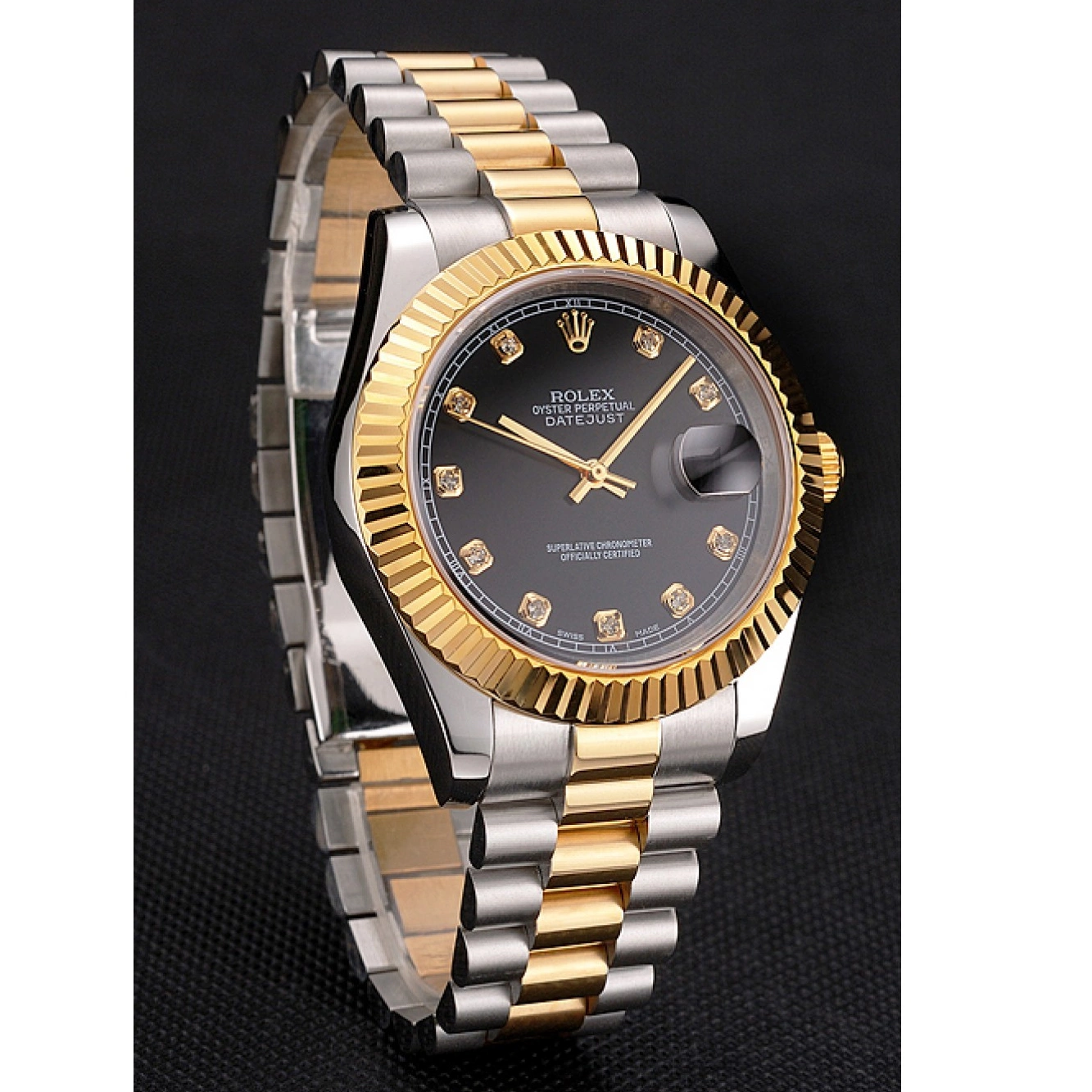 Best AAA Replica Sites Black Tone Dial Stainless Datejust Swiss Bracelet Steel Two Rolex Case Bezel Gold 0724